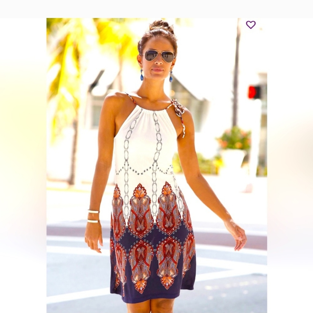 Sleeveless Printed Halter Mini Dress in White & Navy